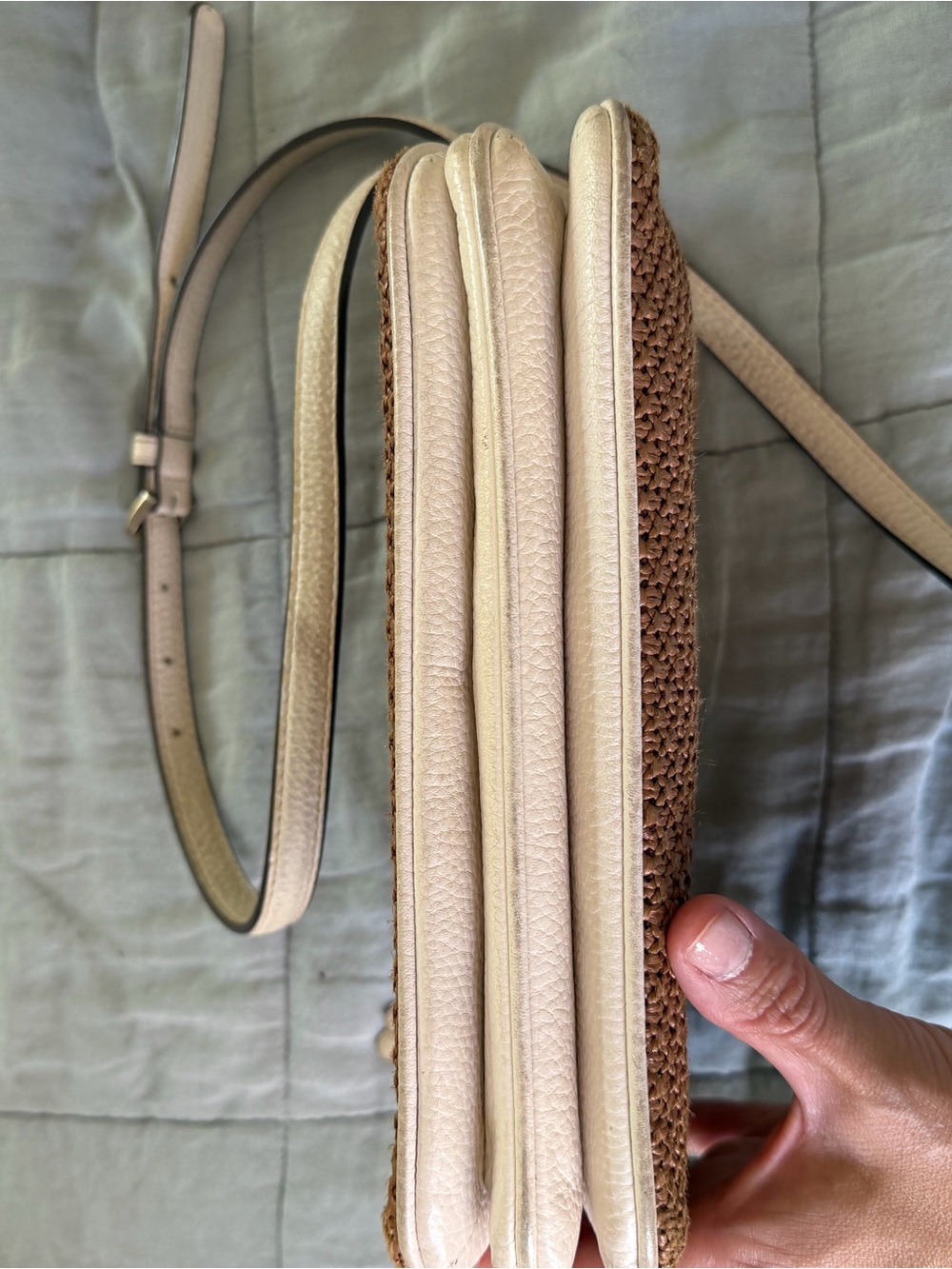 Kate Spade Straw Raffia Crossbody Tan Cream Leather Trim - Picture 6 of 8